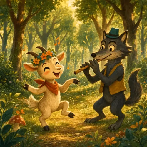 A young goat urging a hungry wolf to play music before hounds arrive