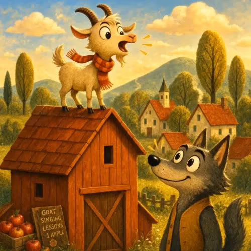 A young goat mocking a wolf safely from the edge of a barn roof
