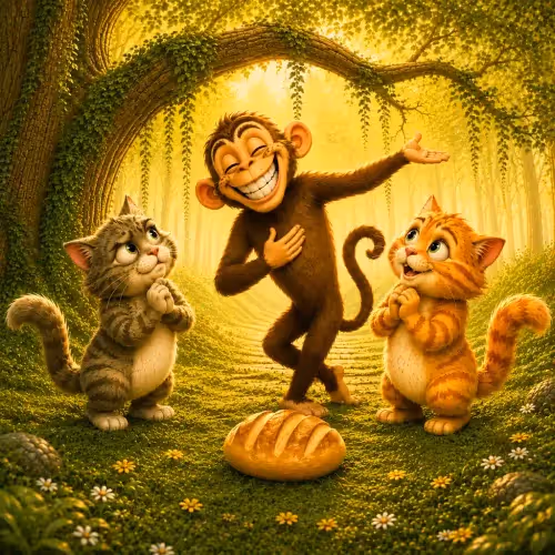 A monkey nibbling a piece of bread while two arguing cats watch closely