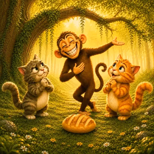 A monkey nibbling a piece of bread while two arguing cats watch closely