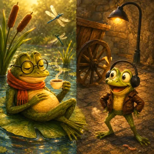 Two frogs by a pond, one urging the other to leave a dangerous roadside
