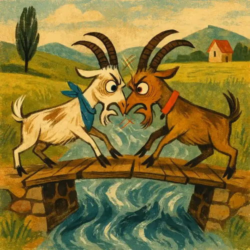 Two stubborn goats butting heads on a narrow, swaying rope bridge