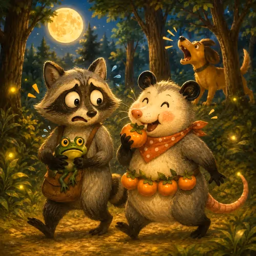 Mr. Possum playing dead while Mr. Coon and Mr. Dog look on in surprise