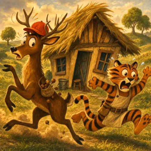 A stag and tiger both fleeing in fright after building a house together