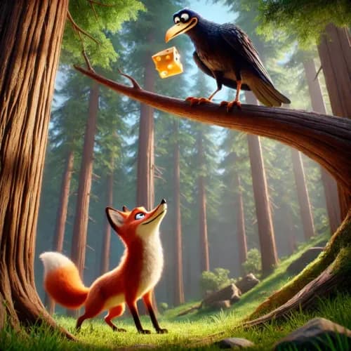 Colorful illustration of लोमड़ी और कौआ fable - गर्व and नतीजे