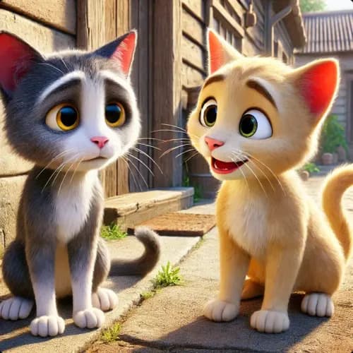 Colorful illustration of The Two Cats fable - Adaptability and Perseverance