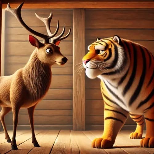 Colorful illustration of Why the Tiger and the Stag Fear Each Other fable - Understanding and Trust
