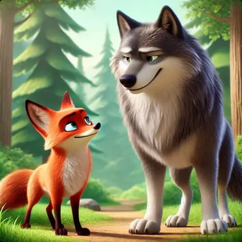 Colorful illustration of The Wolf and the Man - a fable