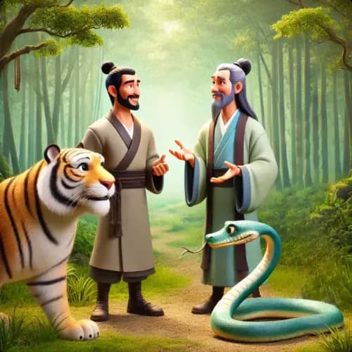 Colorful illustration of The Three Promises fable - Trust and Greed