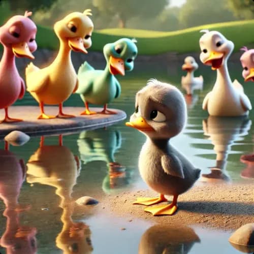 Colorful illustration of The Ugly Duckling fable - Kindness and Identity