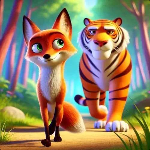 Colorful illustration of The Fox and the Tiger fable - Strength and Perception