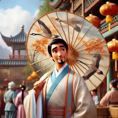 Colorful illustration of The Parasol of Contentment fable - Envy and Acceptance