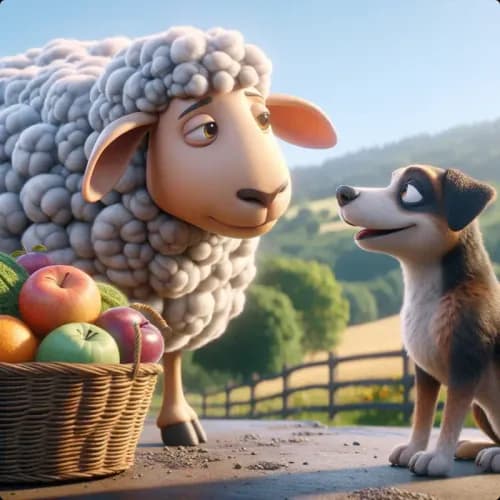 Colorful illustration of A Dog, A Sheep, and A Wolf fable - Deception and Kindness