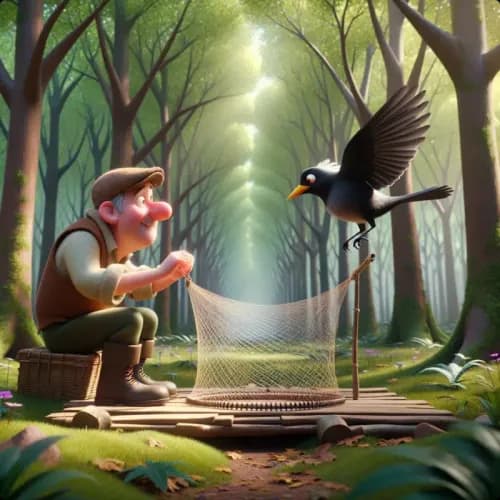 Colorful illustration of A Fowler and A Blackbird - Curiosity and Trust