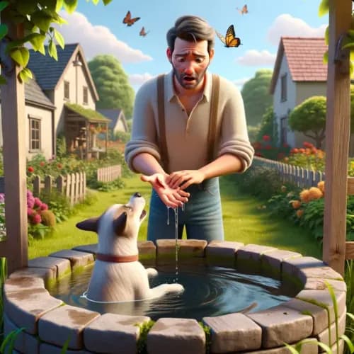 Colorful illustration of A Gardener and His Dog - Fear and Regret