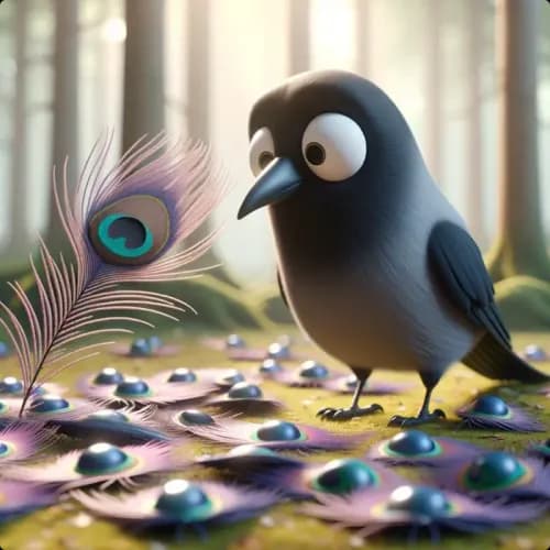 Colorful illustration of A Jackdaw and Peacock Feathers fable - Acceptance and Pride