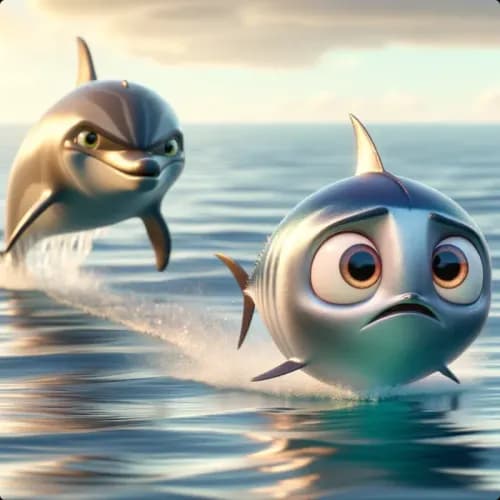 Colorful illustration of A Thunny and A Dolphin - Consequences and Courage