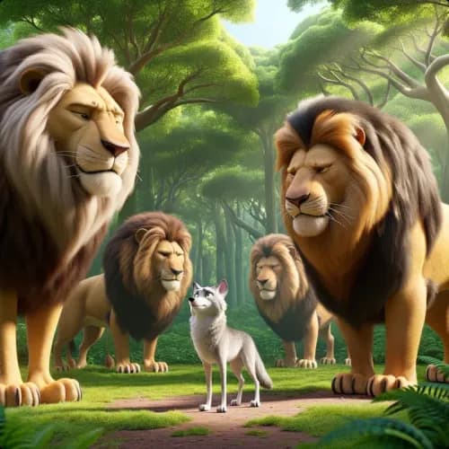 Colorful illustration of A Wolf among the Lions - Pride and Choice