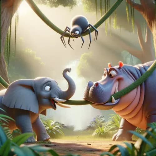 Colorful illustration of Anansi and the Tug of War fable - Problem-Solving and Respect