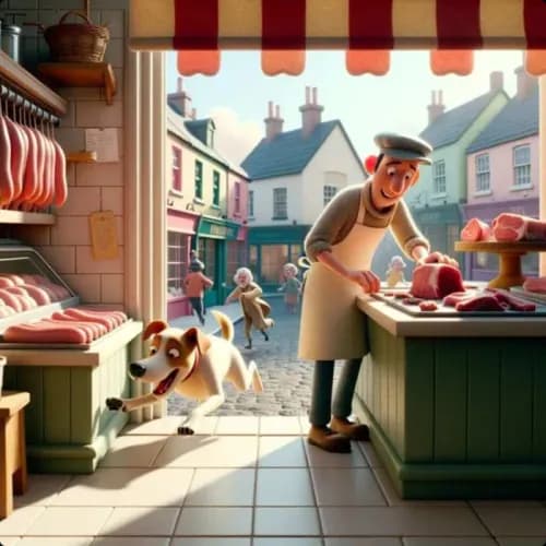 Colorful illustration of A Dog and A Butcher fable - Consequences and Wisdom