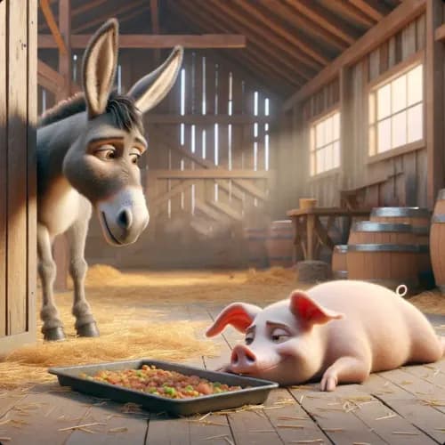 Colorful illustration of The Donkey and the Pig - a fable