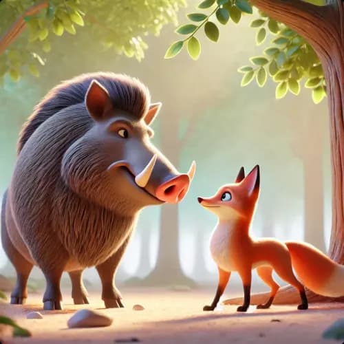 Colorful illustration of The Wild Boar and The Fox - a fable