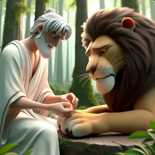 Colorful illustration of Androcles and the Lion - a fable