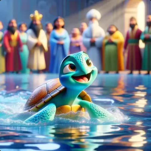 Colorful illustration of How the Turtle Saved His Own Life fable - Understanding and Courage