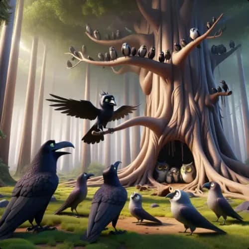 Colorful illustration of Of Crows And Owls fable - Trust and Unity