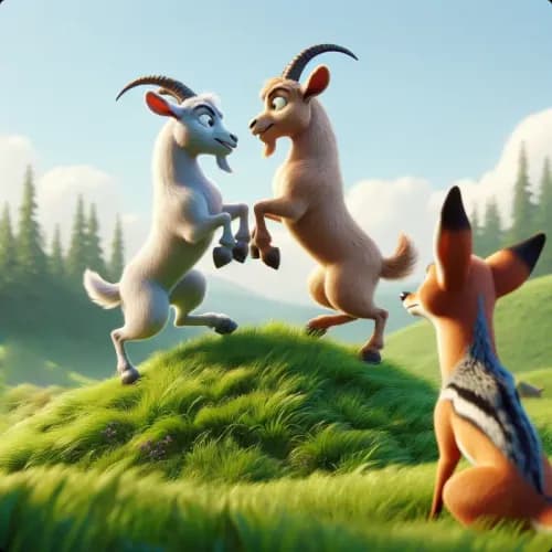 Colorful illustration of Fighting Goats and the Jackal - Patience and Consequences