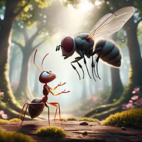 Colorful illustration of The Ant and The Fly - a fable