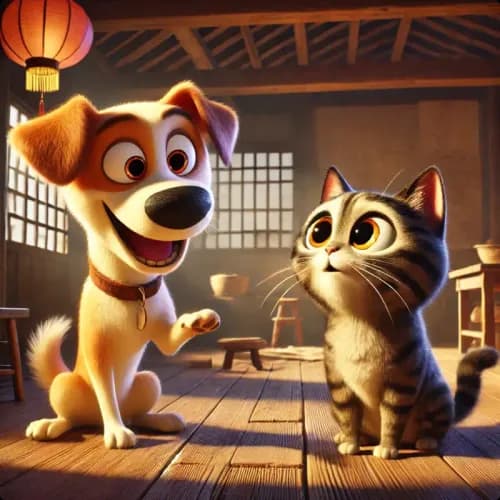 Colorful illustration of Why Dog and Cat are Enemies - a fable
