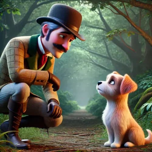 Colorful illustration of Hound and Huntsman - a fable