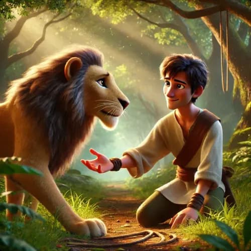 Colorful illustration of The Ape, the Snake, and the Lion fable - Gratitude and Trust
