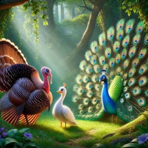 Colorful illustration of The Turkey, Peacock, and Goose - a fable