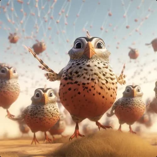 Colorful illustration of The Hunter and the Quails - a fable