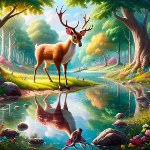 Colorful illustration of The Stag and His Antlers - a fable