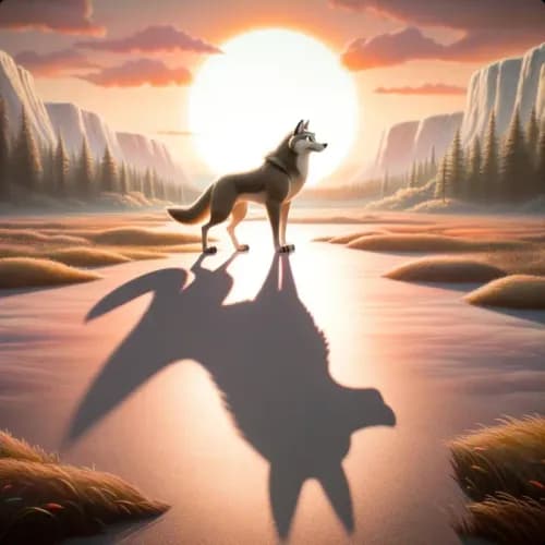 Colorful illustration of The Wolf Admiring his Shadow - a fable