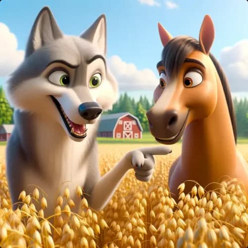 Colorful illustration of The Wolf and The Horse - a fable