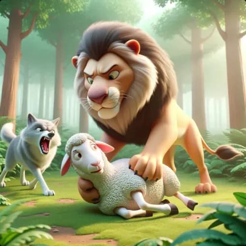 Colorful illustration of The Wolf and The Lion - a fable