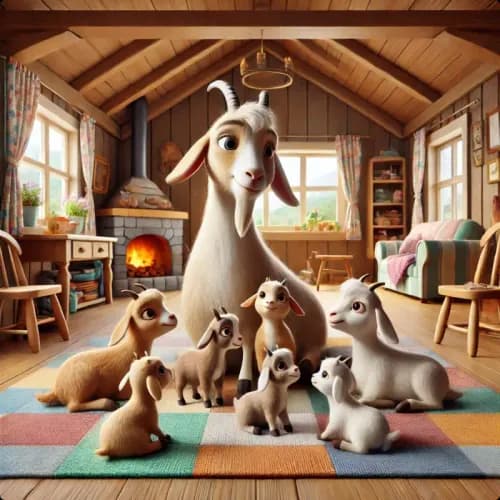 Colorful illustration of The Wolf and The Seven Little Kids fable - Deception and Resourcefulness