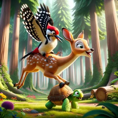 Colorful illustration of The Woodpecker, Turtle, And Deer - a fable