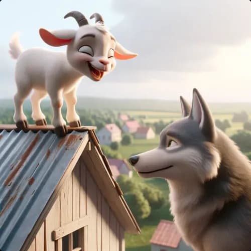 Colorful illustration of The Young Goat and The Wolf - a fable