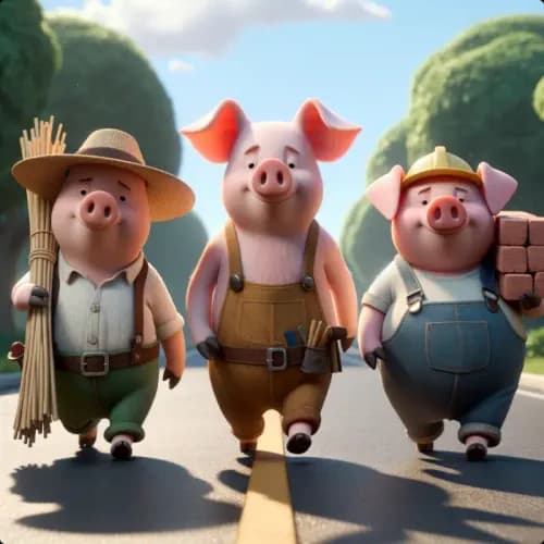 Colorful illustration of The Three Little Pigs - a fable