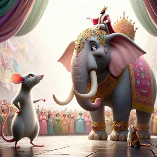 Colorful illustration of The Rat and The Elephant - a fable