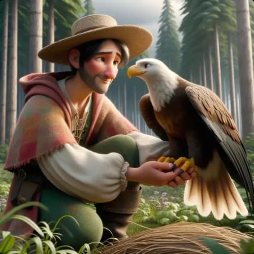Colorful illustration of The Peasant and the Eagle - a fable