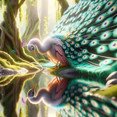 Colorful illustration of Påfågeln och Tranan - a fable