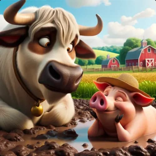 Colorful illustration of The Ox Who Envied the Pig - a fable