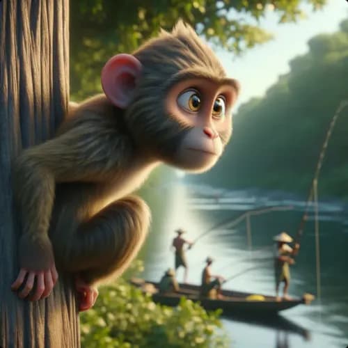 Colorful illustration of The Monkey and The Fishermen - a fable