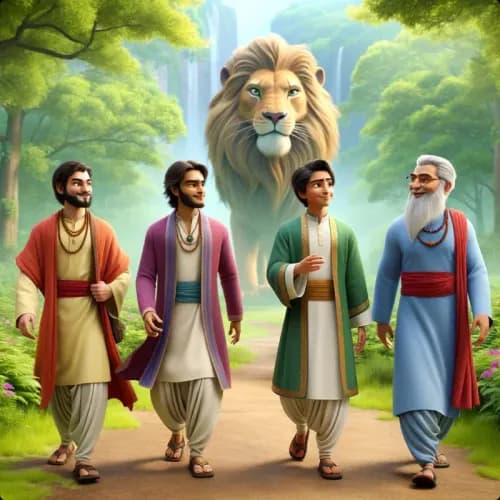 Colorful illustration of The Lion Makers - a fable